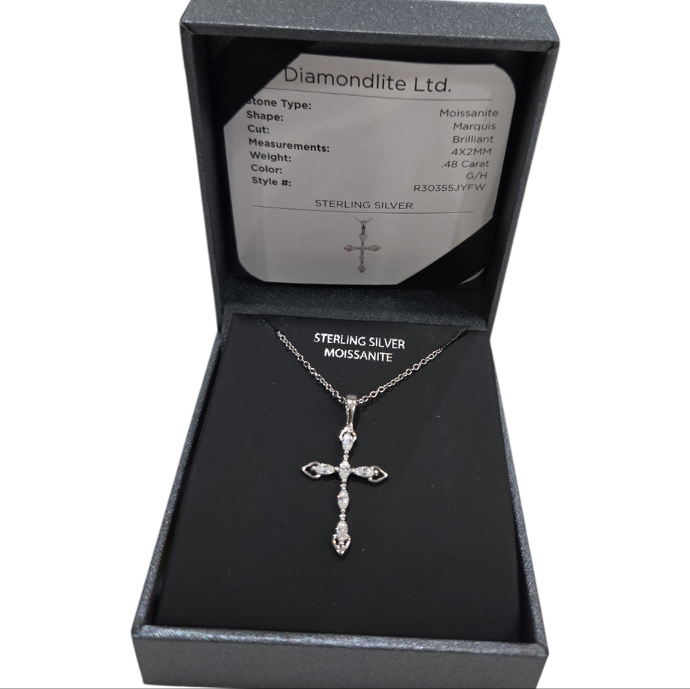 🔹️Diamondlite LTD 🔹️Sterling Silver Moissanite MARQUIS .48 CaratCross Necklace